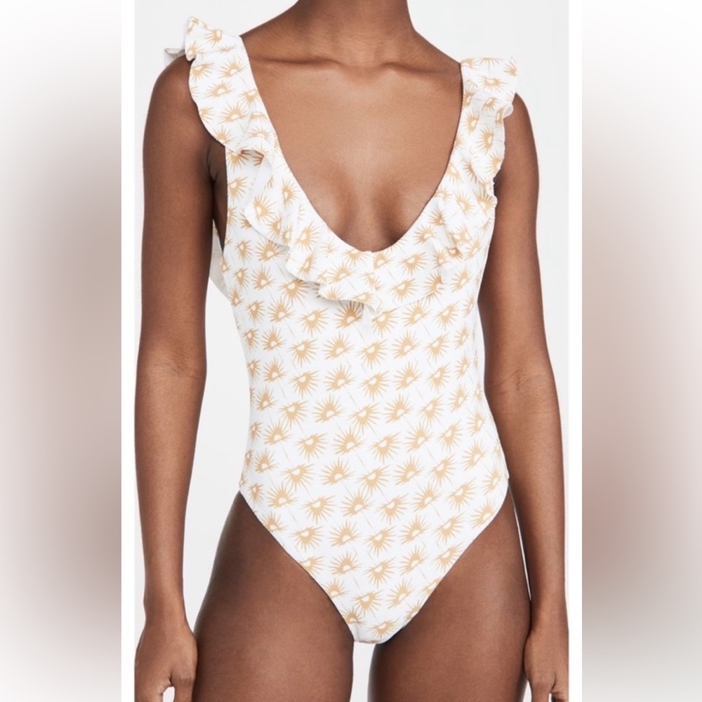 Eberjey Loreta Palapas ruffle trim low back white sun one piece swimsuit…